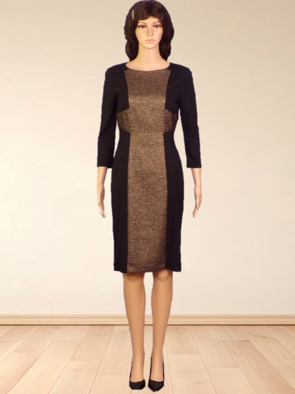ANTONIO MELANI size 2 black/gold-metallic 3/4-sleeve sheath dress polyester + 5